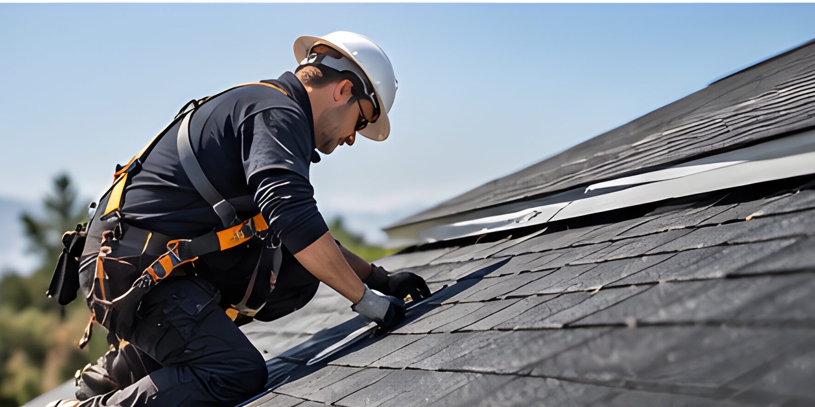 A roofer in a harness and hard hat working a shingle roof, hills behind.